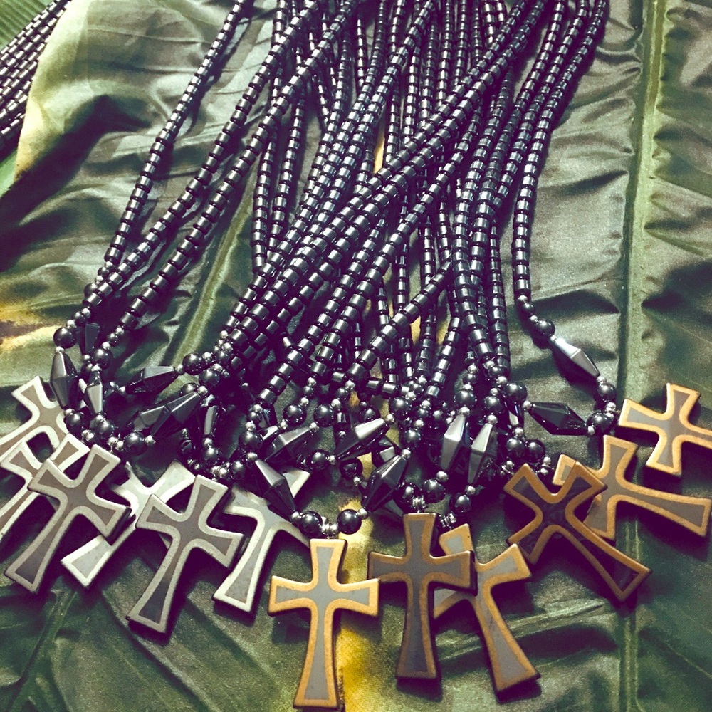 Hematite Cross Necklace w-Trim